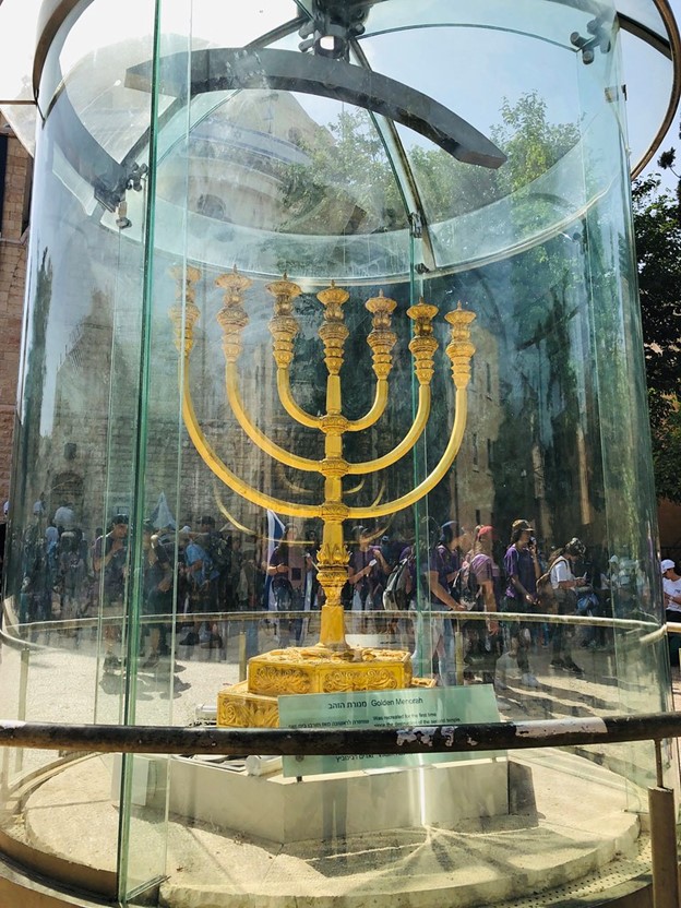 A giant, gold menorah in Jerusalem. 